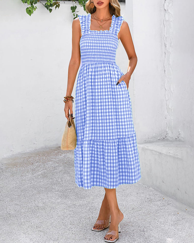 Flowy Retro Smocked Gingham Dress with Pockets