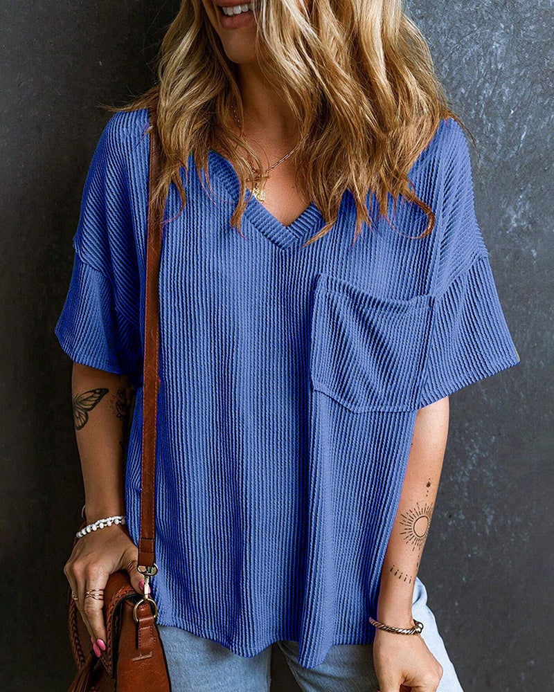 Textured V-Neck Dropped Shoulder Relaxed Tee
