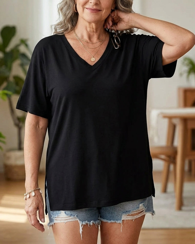 Longer Sleeve Plus Size V-Neck T-Shirt — Covers Your Arms & Hides Your Belly
