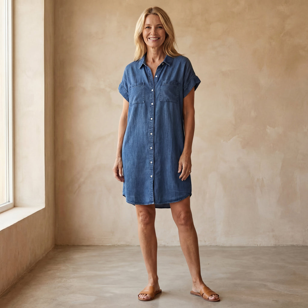 Effortless Versatile Short-Sleeve Denim Shirt-Dress
