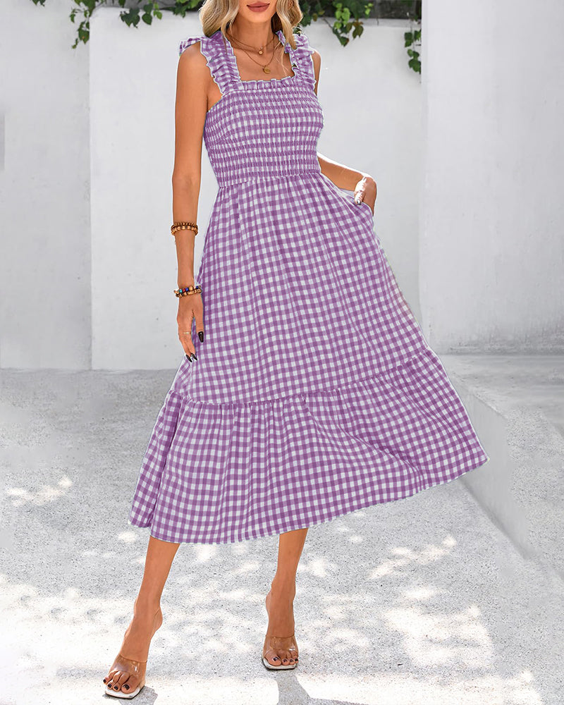 Flowy Retro Smocked Gingham Dress with Pockets