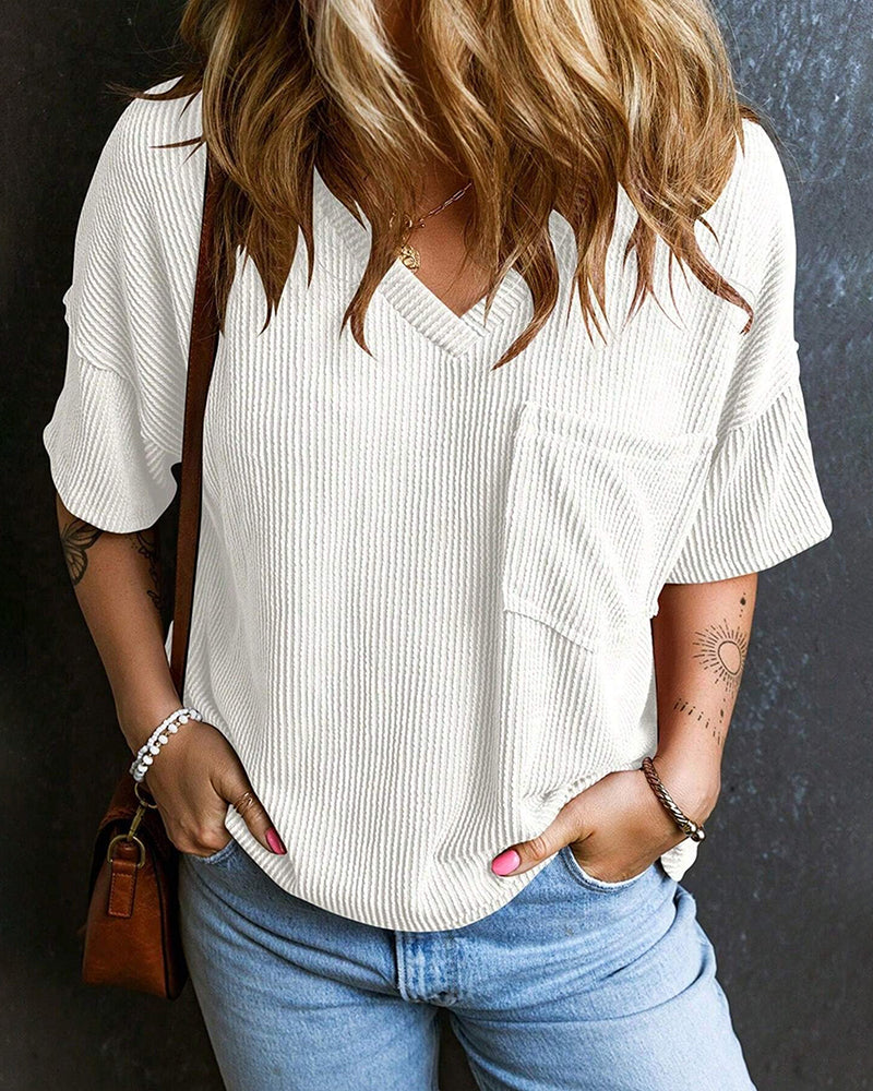 Textured V-Neck Dropped Shoulder Relaxed Tee