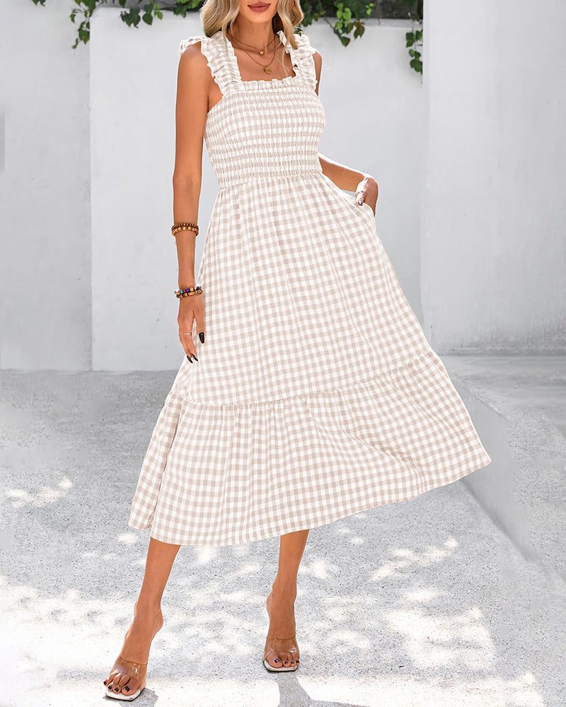 Flowy Retro Smocked Gingham Dress with Pockets