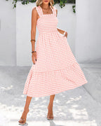 Flowy Retro Smocked Gingham Dress with Pockets
