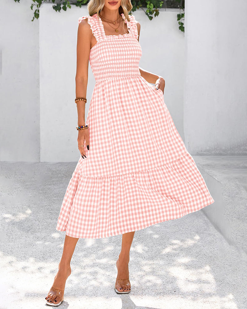 Flowy Retro Smocked Gingham Dress with Pockets