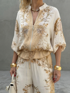 Indie | Zip Front Blouson Top Printed Two Piece Set