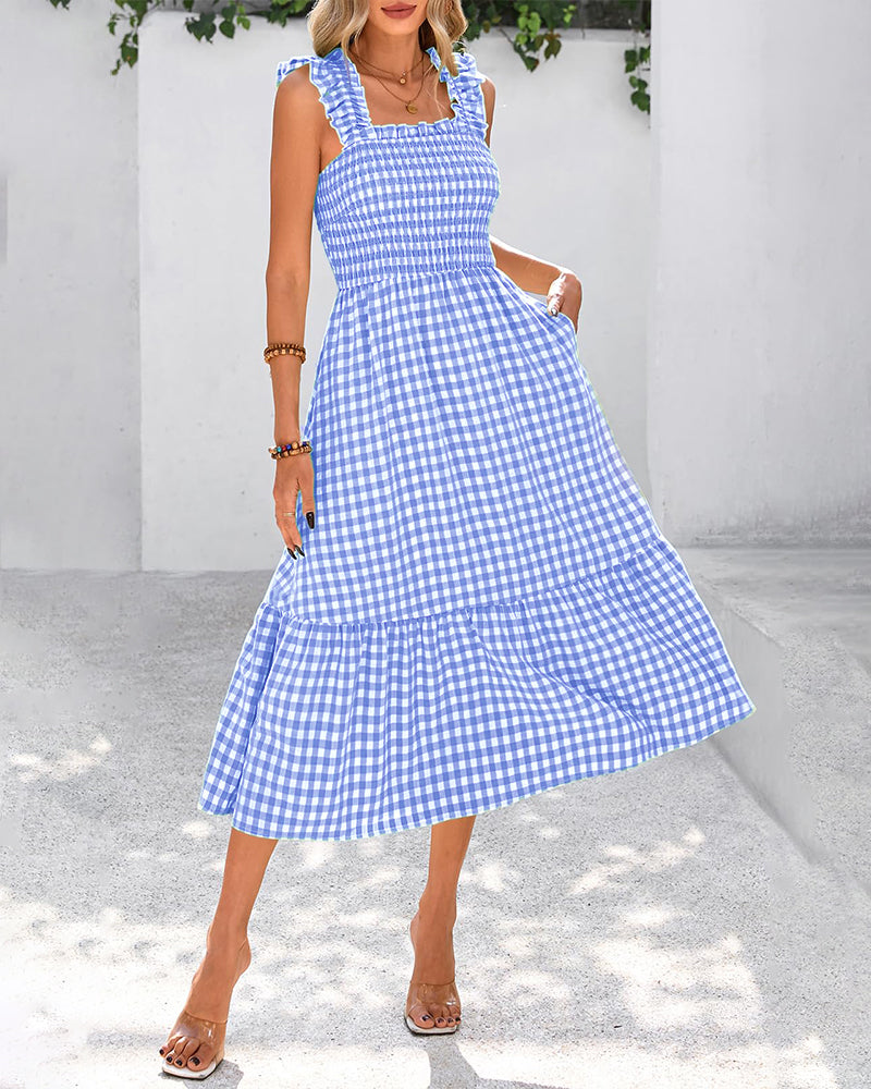 Flowy Retro Smocked Gingham Dress with Pockets