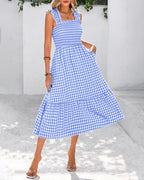 Flowy Retro Smocked Gingham Dress with Pockets