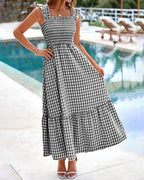 Flowy Retro Smocked Gingham Dress with Pockets