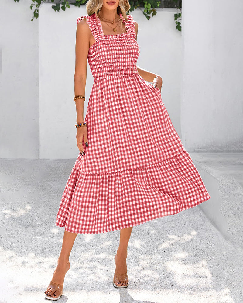 Flowy Retro Smocked Gingham Dress with Pockets