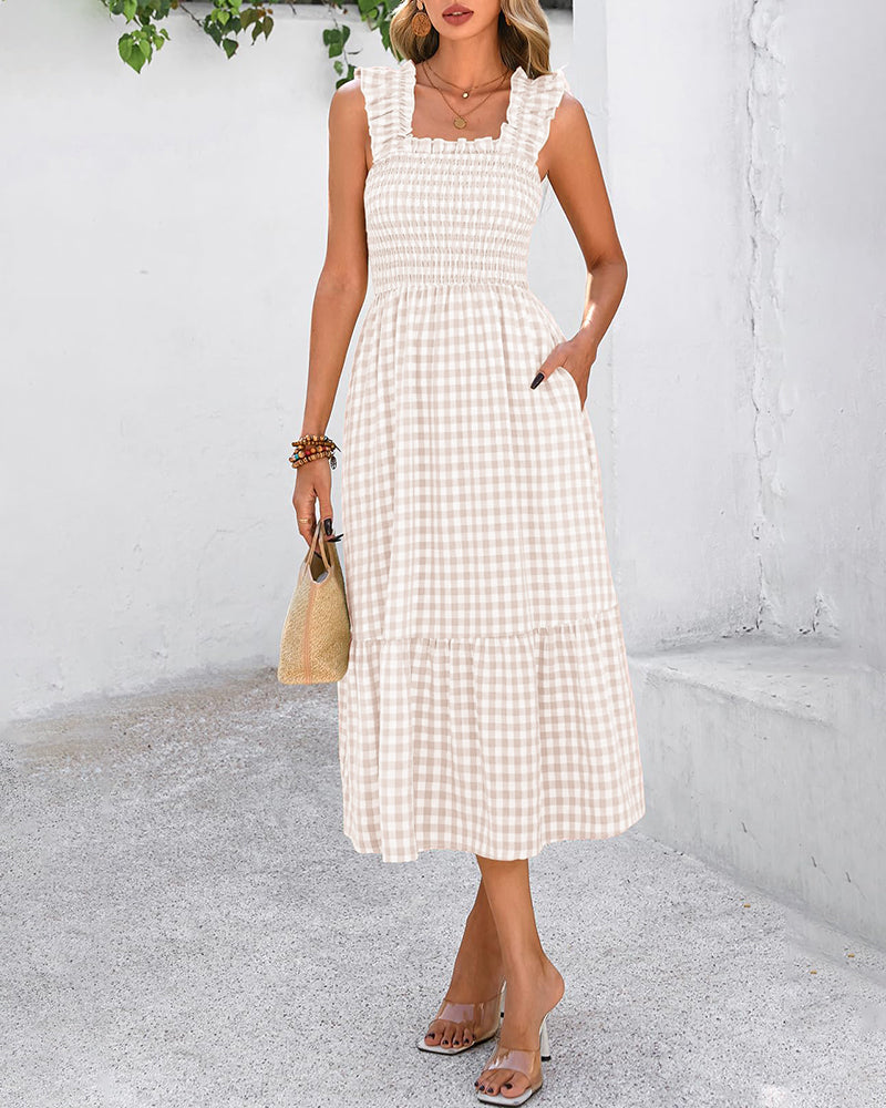 Flowy Retro Smocked Gingham Dress with Pockets