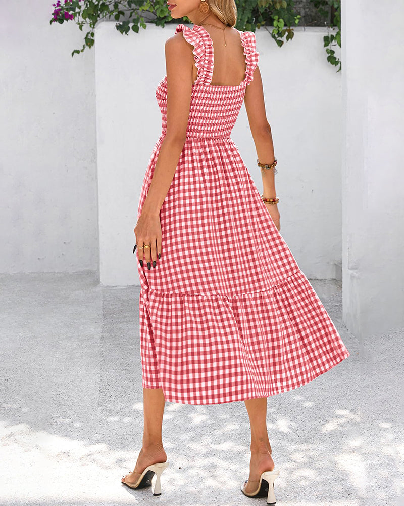 Flowy Retro Smocked Gingham Dress with Pockets