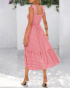 Flowy Retro Smocked Gingham Dress with Pockets