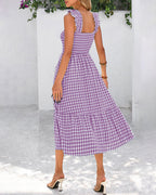 Flowy Retro Smocked Gingham Dress with Pockets