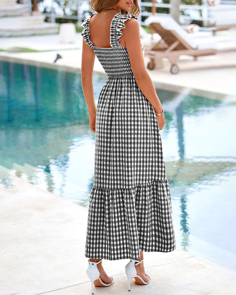 Flowy Retro Smocked Gingham Dress with Pockets