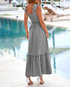 Flowy Retro Smocked Gingham Dress with Pockets