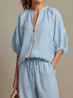 Natalia | Zip Front Blouson Top Wide Leg Set
