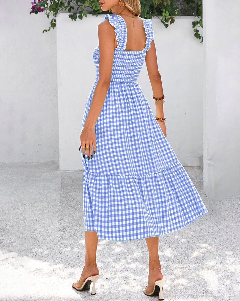 Flowy Retro Smocked Gingham Dress with Pockets