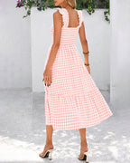 Flowy Retro Smocked Gingham Dress with Pockets