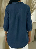 Chic Feminine Ruffle-Trim Denim Blouse