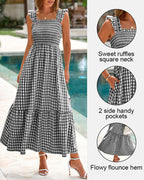 Flowy Retro Smocked Gingham Dress with Pockets