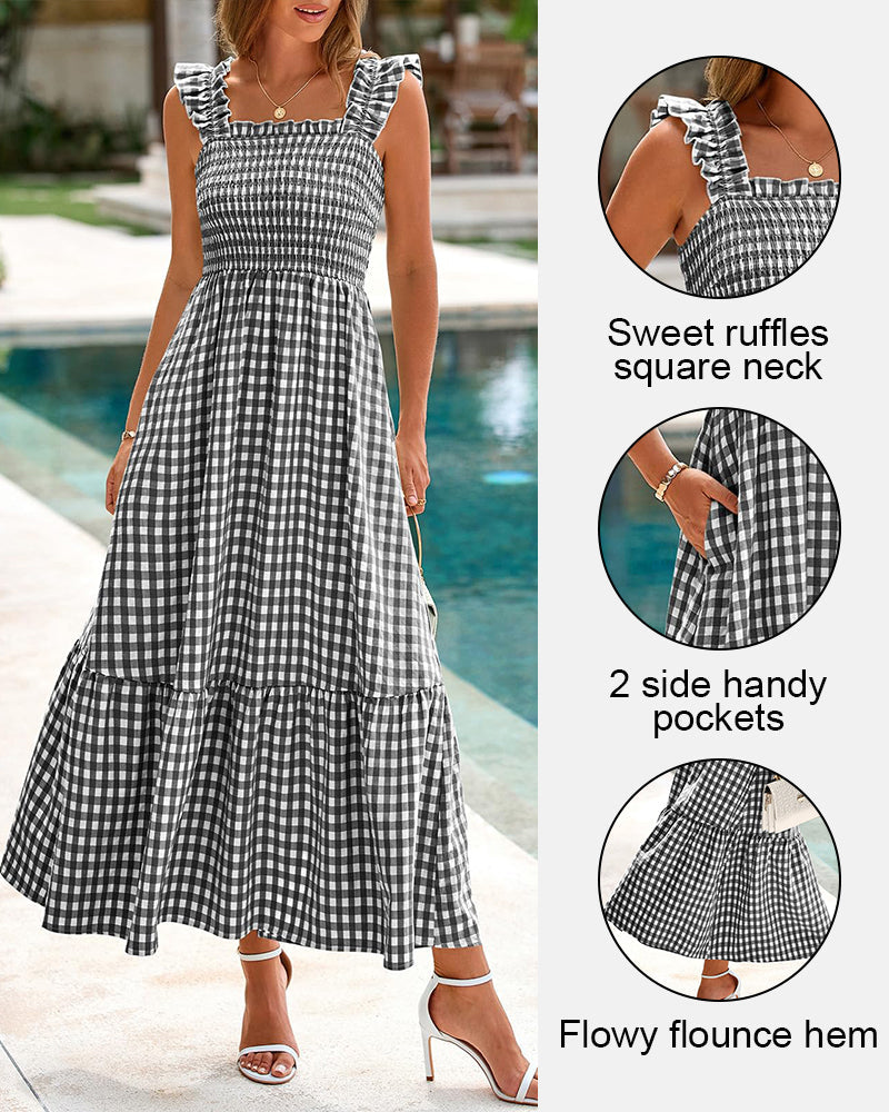 Flowy Retro Smocked Gingham Dress with Pockets
