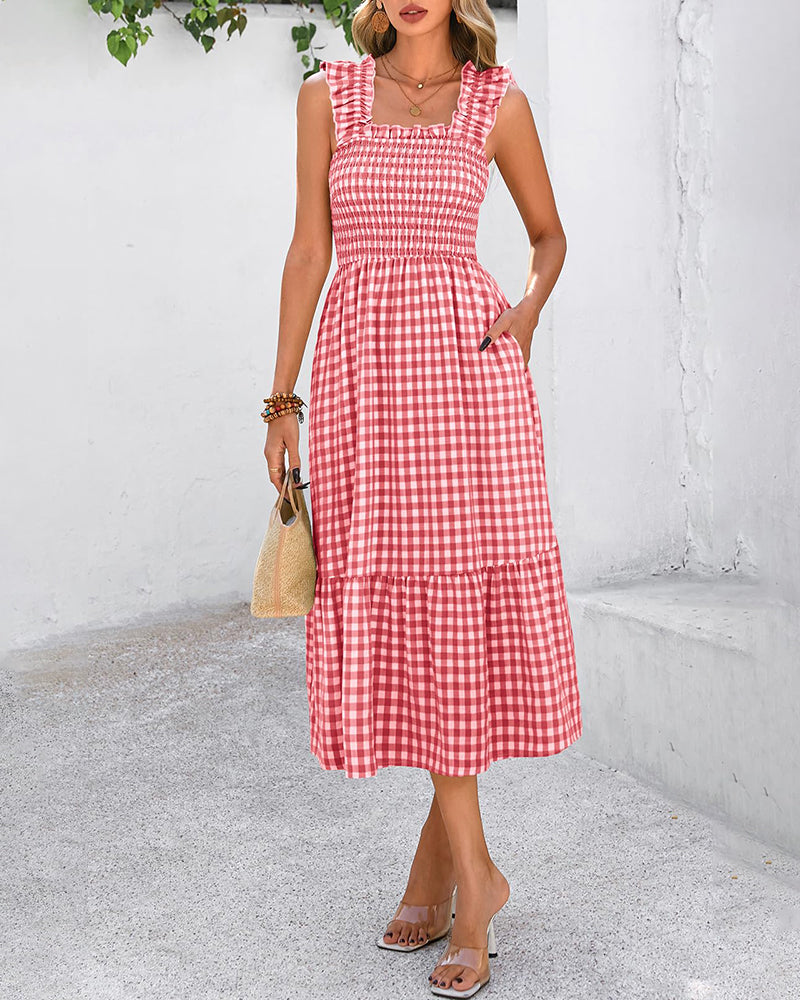 Flowy Retro Smocked Gingham Dress with Pockets
