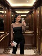 Oksana | Sheer Fitted Bodice Flared Leg Jumpsuit