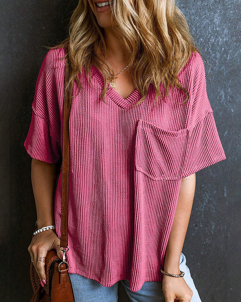 Textured V-Neck Dropped Shoulder Relaxed Tee