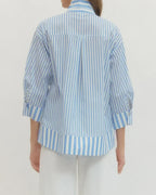 Vertical Striped V-Neck Pearl Button Blouse