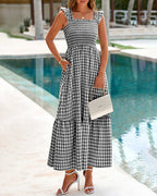 Flowy Retro Smocked Gingham Dress with Pockets