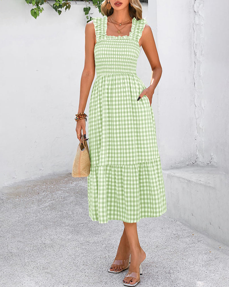 Flowy Retro Smocked Gingham Dress with Pockets