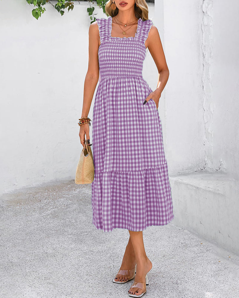 Flowy Retro Smocked Gingham Dress with Pockets