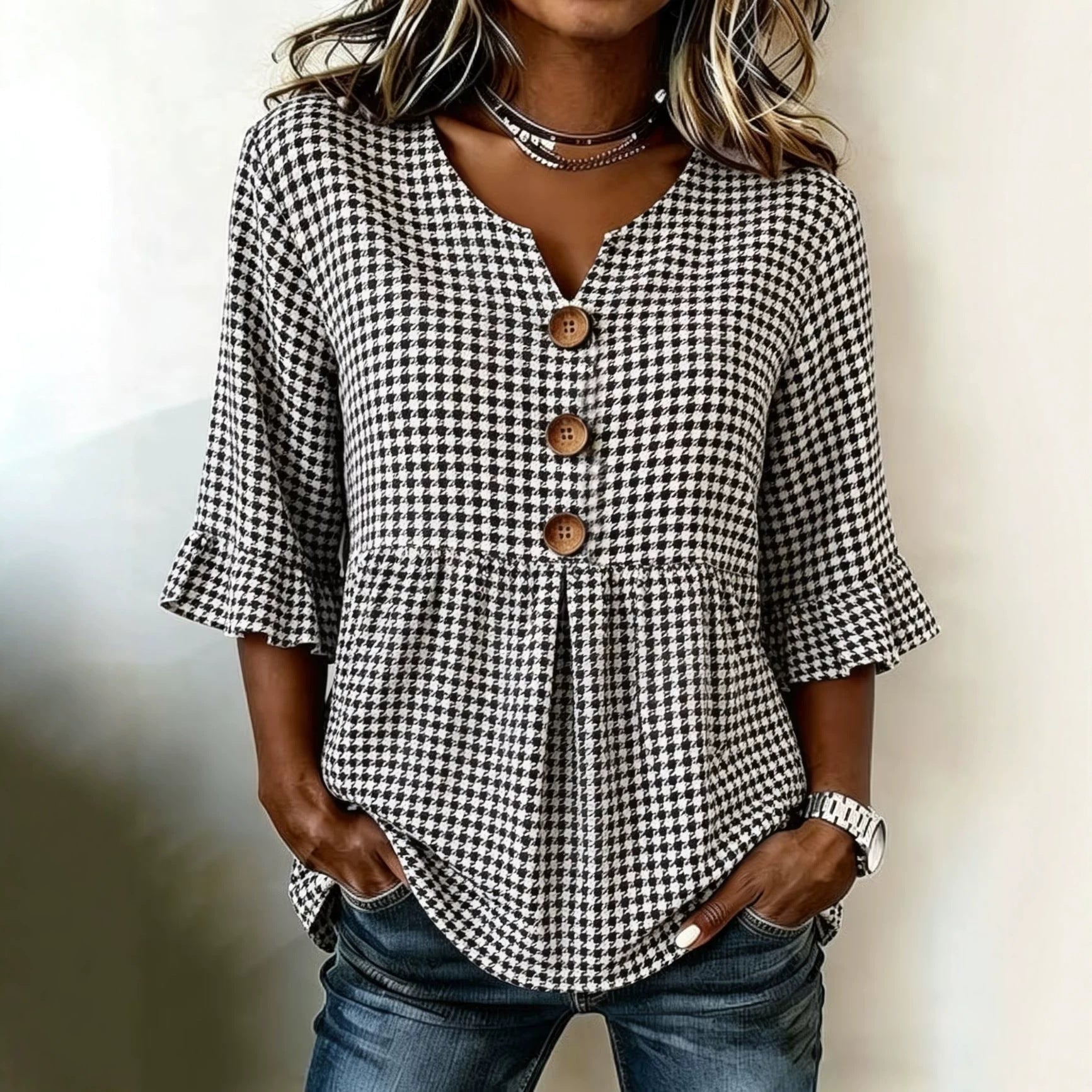 Ryvelle | Easy Plaid V-Neck Blouse