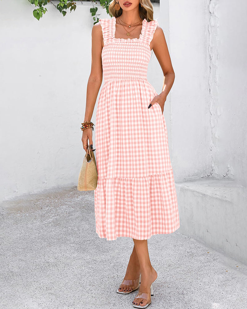 Flowy Retro Smocked Gingham Dress with Pockets