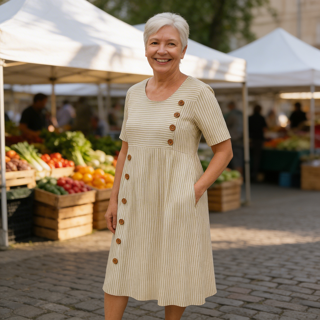 GatherLine™ | Women's Striped Linen Midi Dress