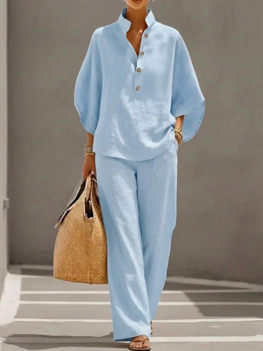 Maribel - Elegant complete set with batwing sleeves and wide pants